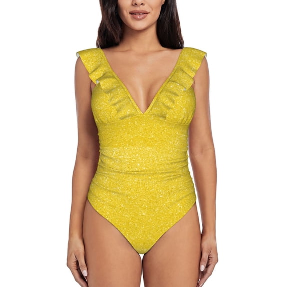 Picia Yellow Glitter Blooming Jelly Womens Tummy Control Bathing Suits Slimming Ruffle Swimsuit One Piece Lace Swimwear-