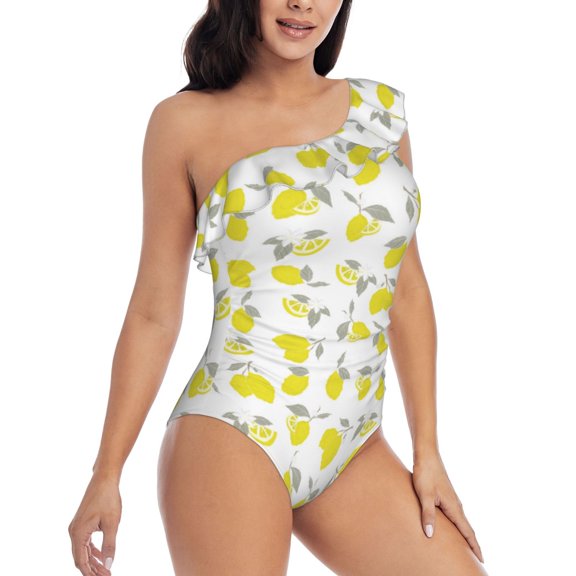 Picia Yellow Lemon Leaves Pattern Women's One Piece Swimsuits,One Shoulder Swimwear Asymmetric ,Ruffle Monokinis Bathing Suits,High Waisted Flattering Bathing Suits-Small