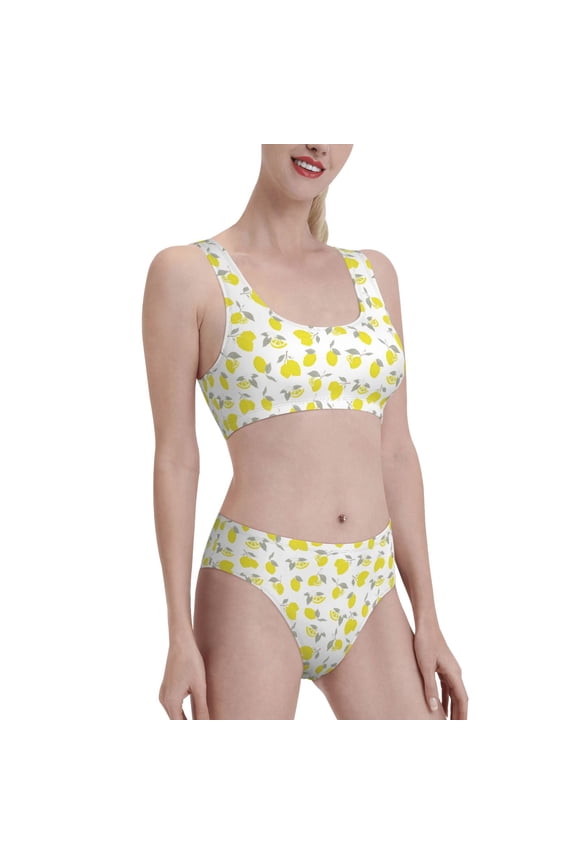 Yellow Lemon Leaves Women's High Waisted Bikini Scoop Neck Swimsuit Two Pieces Bathing Suit-Large