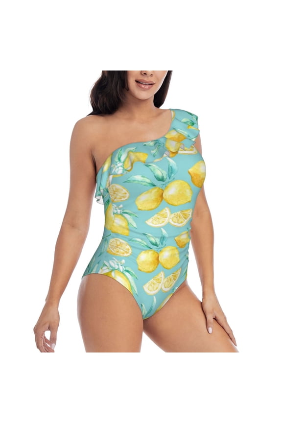 Yellow Lemon Pattern Women's One Piece Swimsuits,One Shoulder Swimwear Asymmetric ,Ruffle Monokinis Bathing Suits,High Waisted Flattering Bathing Suits-