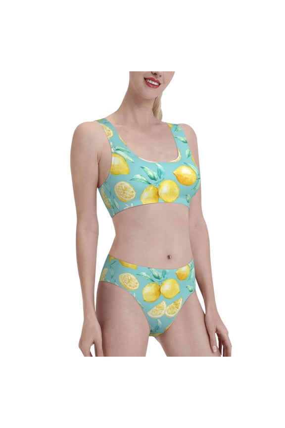 Yellow Lemon Women's High Waisted Bikini Scoop Neck Swimsuit Two Pieces Bathing Suit-XX-Large