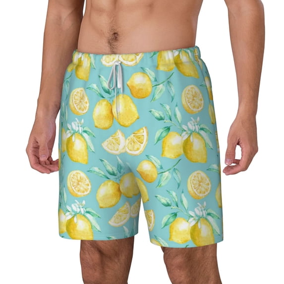 Picia Yellow Lemon pattern Mens Swim Trunks with Compression Liner Stretch Beach Shorts Quick Dry with Zipper Pockets No-Chafing Board Shorts-3X-Large