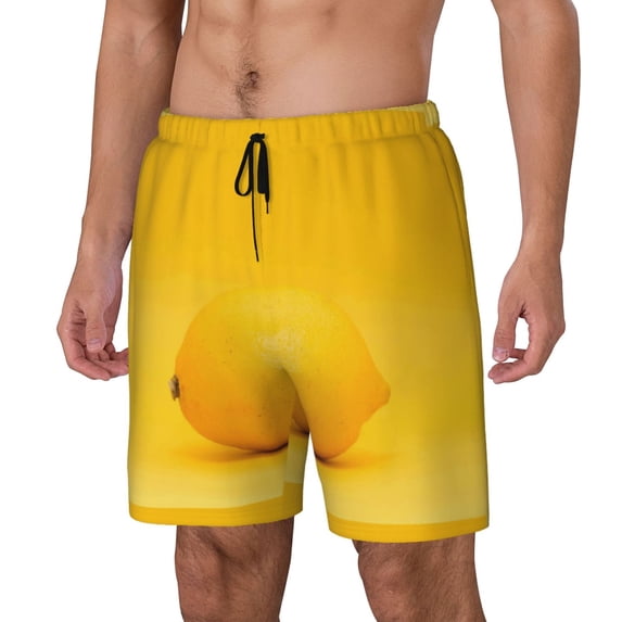 Picia Yellow Lemon pattern Mens Swim Trunks with Compression Liner Stretch Beach Shorts Quick Dry with Zipper Pockets No-Chafing Board Shorts-XX-Large