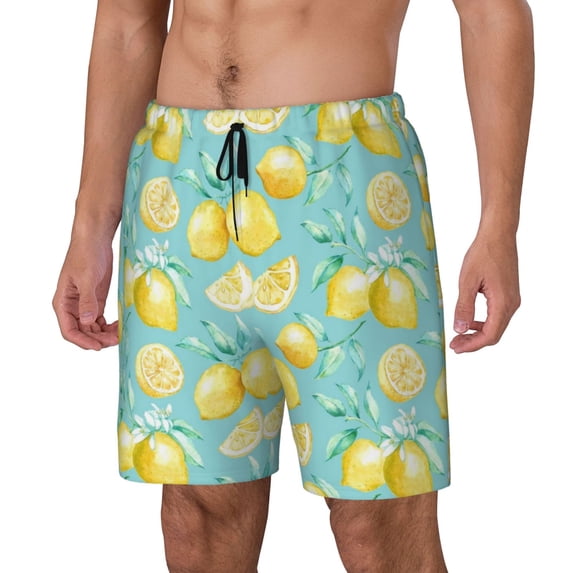 Picia Yellow Lemon pattern Mens Swim Trunks with Compression Liner Stretch Beach Shorts Quick Dry with Zipper Pockets No-Chafing Board Shorts-X-Large