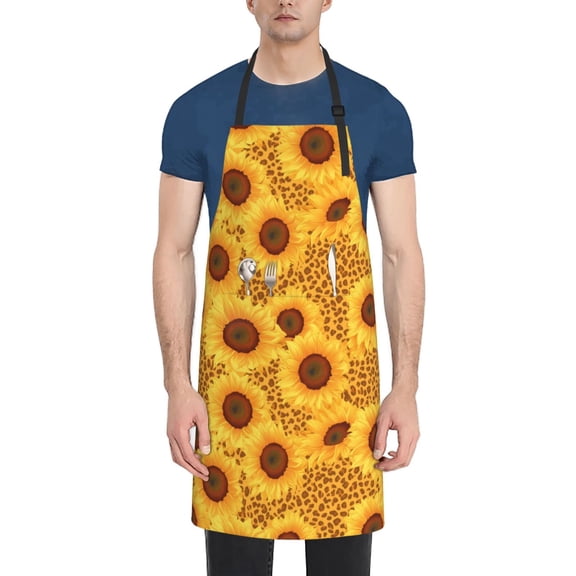 Picia Yellow Leopard Print Sunflower Waterproof Apron for Unisex Adult - Adjustable Bib Apron with Pockets, Ideal for Cooking, Gardening, Painting, and Household Chores