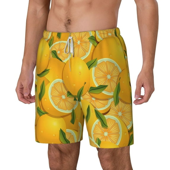 Picia Yellow Limes pattern Mens Swim Trunks with Compression Liner Stretch Beach Shorts Quick Dry with Zipper Pockets No-Chafing Board Shorts-Medium