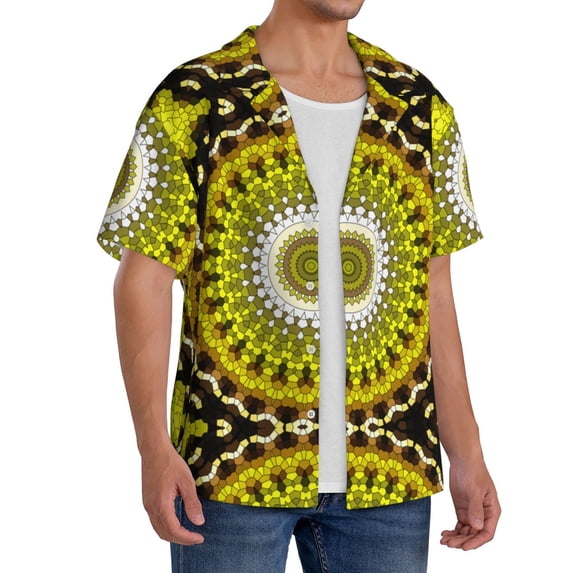 Picia Yellow Mandala Men's Linen Shirts Short Sleeve Cuban Beach Shirts Casual Shirts Button Down Shirt for Men Beach Summer Wedding Shirt-XX-Large