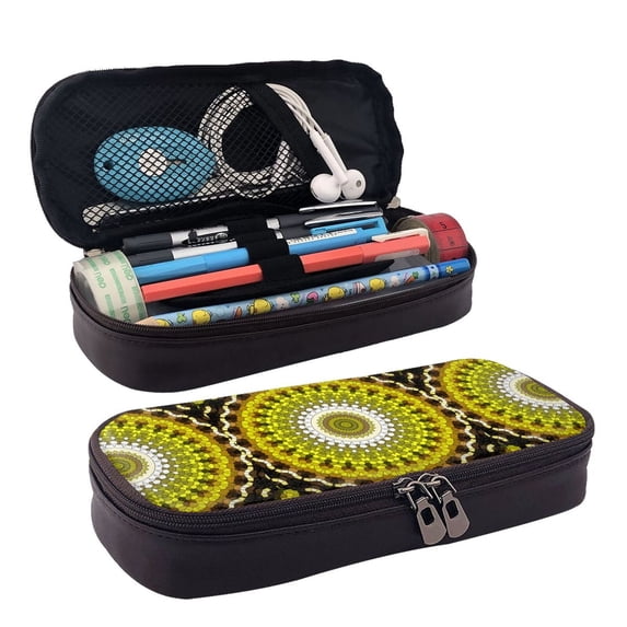 Picia Yellow Mandala Pattern Large Capacity PU Leather Pencil Case Organizer Pen Marker Holder Double Zipper Storage Bag Big Pencil Pouch for College Office