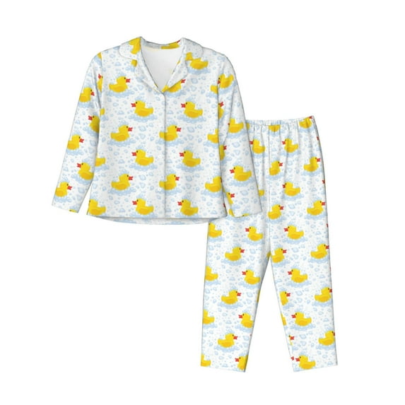 Picia Yellow Rubber Duck Pattern Women’s Long-Sleeve Sleepwear Set - Soft 2-Piece Loungewear with Pockets, Comfy PJs for Relaxing Nights-Large