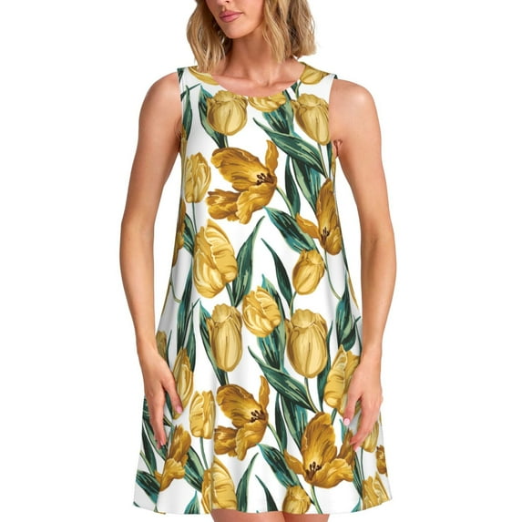 Picia Yellow Tulips Print Women’s Sleeveless Midi Swing Dress – A-Line Pleated Tank Sundress, Comfortable and Flowy T-Shirt Dress
