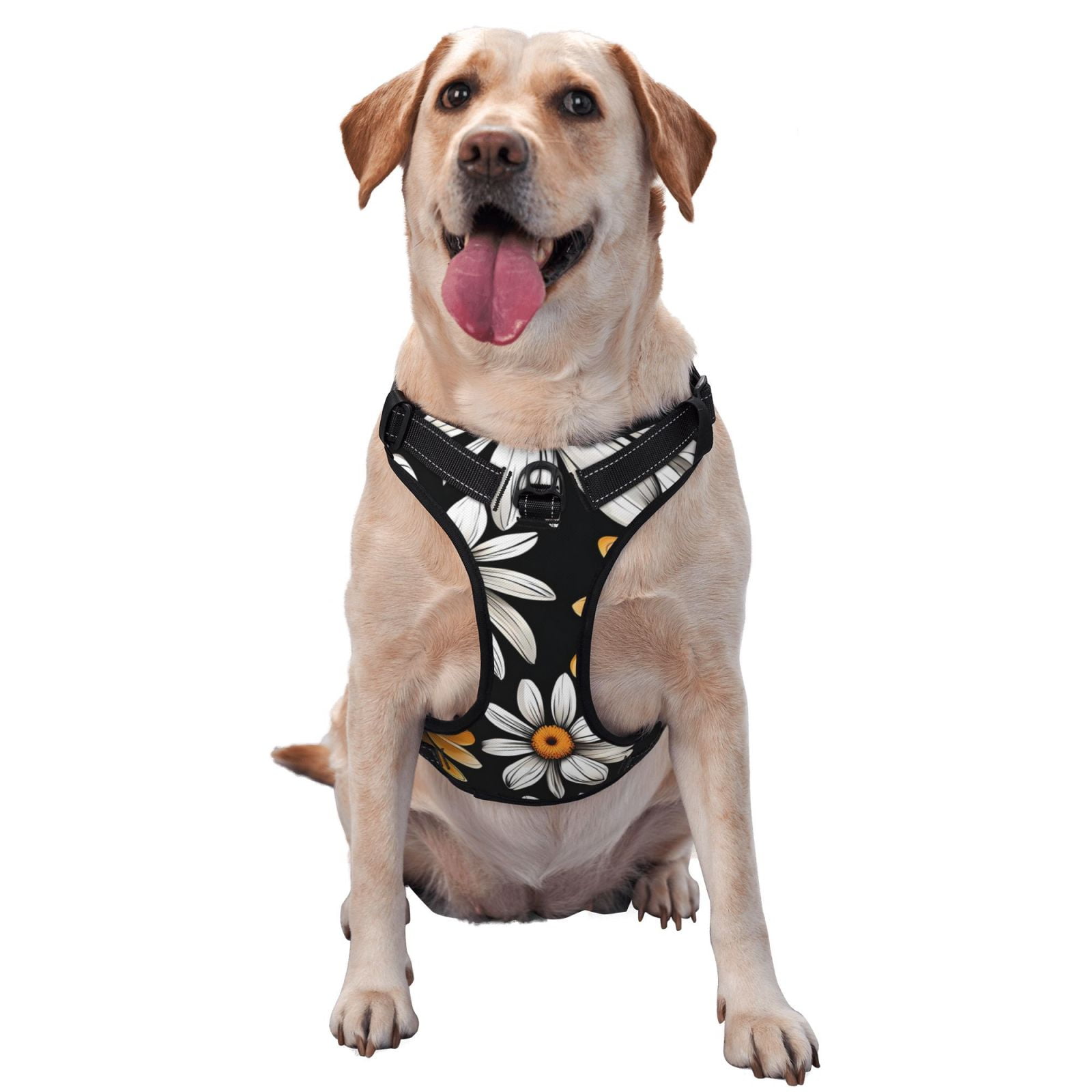 Picia Yellow White Daisy Pattern No-Pull Dog Harness Reflective Front Clip Vest with Handle,Step-in Air Dog Harness,Adjustable 2 Metal Rings 4 Buckles,Easy to Put on & Take Off Medium