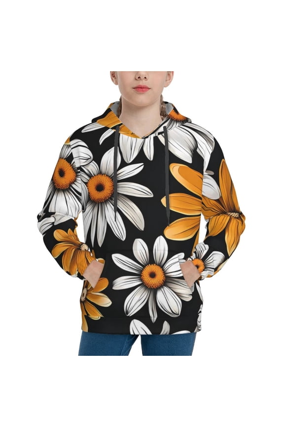 Yellow White Daisy Pattern Pattern Youth Hoodie - Warm Pullover Sweatshirt with Kangaroo Pocket, Ideal for Boys and Girls-Large