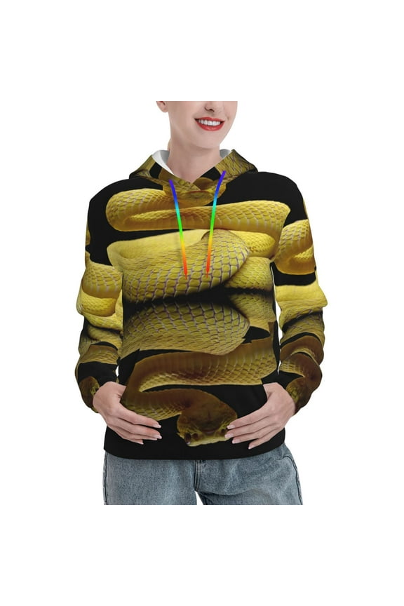 Yellow White-Lipped Pit Viper Pattern Casual Women's Hoodie, Hooded Sweatshirt with Kangaroo Pocket, Comfortable Pullover with Eye-catching Drawstrings-XX-Large