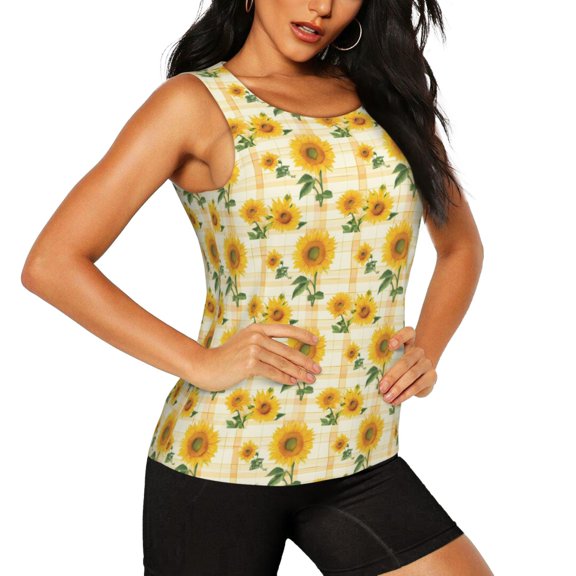 Picia Yellow White Plaid Sunflower Pattern Women's Workout Tank Top,Breathable Activewear,Slim Fit Athletic Top,Versatile Workout Moisture-wicking top-Medium