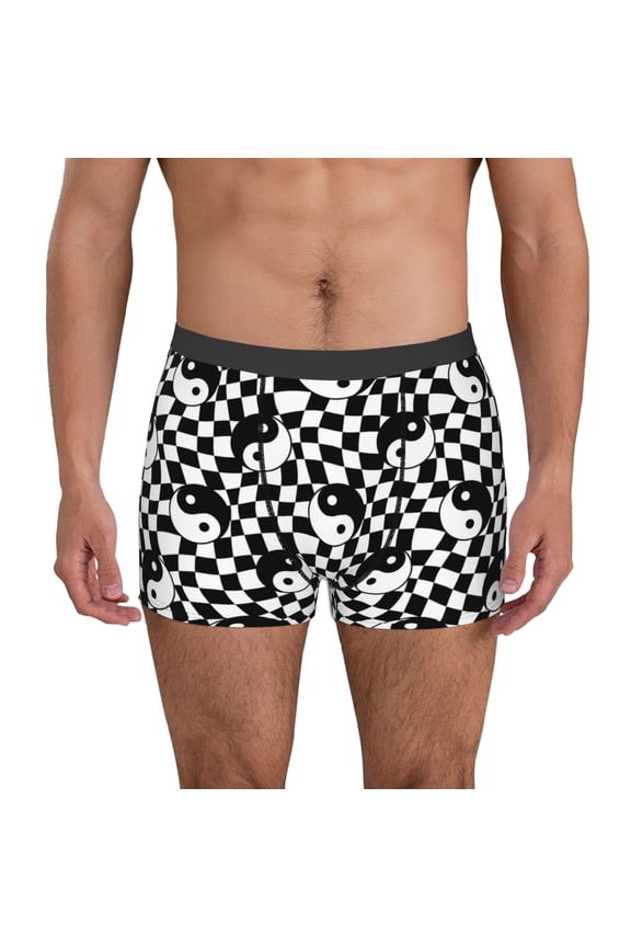 Ying Yang Checkered Pattern Men’s Boxer Briefs – Soft & Breathable Underwear, Stretchy & Comfortable Fit, Supportive Pouch Design, Moisture-Wicking-Medium