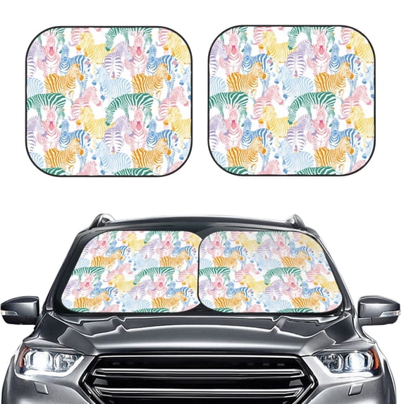 Picia Zebra Colourful 2 Piece Car Windshield Sun Shade Foldable | Foldable Sun Shield for Front Window Blocks UV Rays and Keeps Your Vehicle Cool-Large