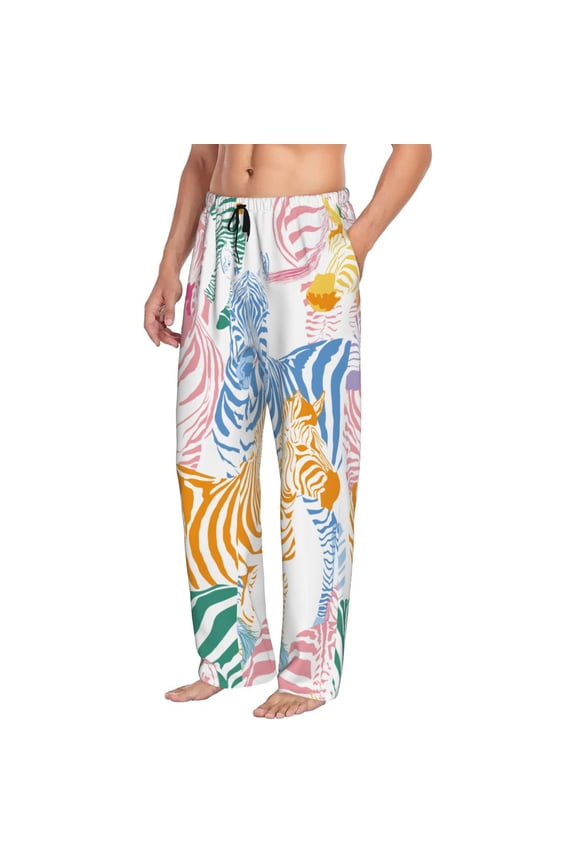 Zebra Colourful Mens Soft Woven Cotton Elastic Waistband Sleep Pajama Pant Lounge Sleep Pant With Pockets And Drawstring-Small
