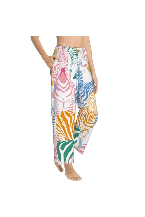 Zebra Colourful Womens Soft Woven Cotton Elastic Waistband Sleep Pajama Pant Lounge Sleep Pant With Pockets And Drawstring-Large