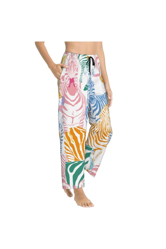 Zebra Colourful Womens Soft Woven Cotton Elastic Waistband Sleep Pajama Pant Lounge Sleep Pant With Pockets And Drawstring-Large
