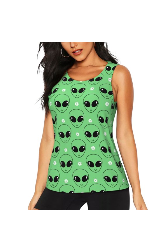 alien cartoons Pattern Women's Workout Tank Top,Breathable Activewear,Slim Fit Athletic Top,Versatile Workout Moisture-wicking top-X-Large