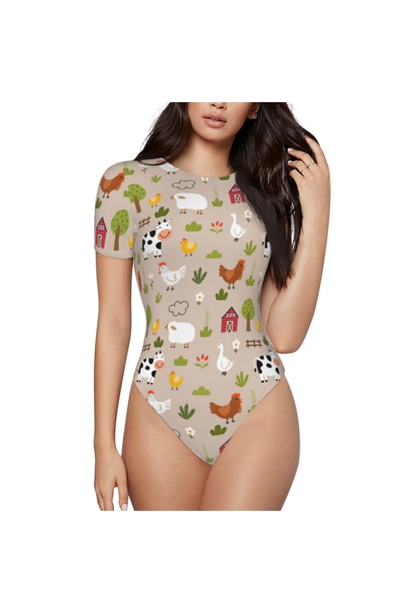 animals farm Print Womens One Piece Swimsuits Modest Tummy Control Bathing Suits Lace Up Slimming Swim Suit-Small
