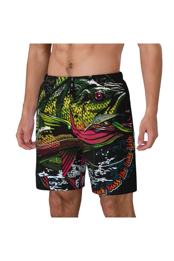 bass Pattern Mens Swim Trunks with Compression Liner Stretch Beach Shorts Quick Dry with Zipper Pockets No-Chafing Board Shorts-Small
