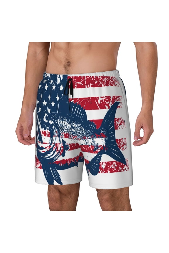 bass fish with the USA flag Pattern Mens Swim Trunks with Compression Liner Stretch Beach Shorts Quick Dry with Zipper Pockets No-Chafing Board Shorts-Medium