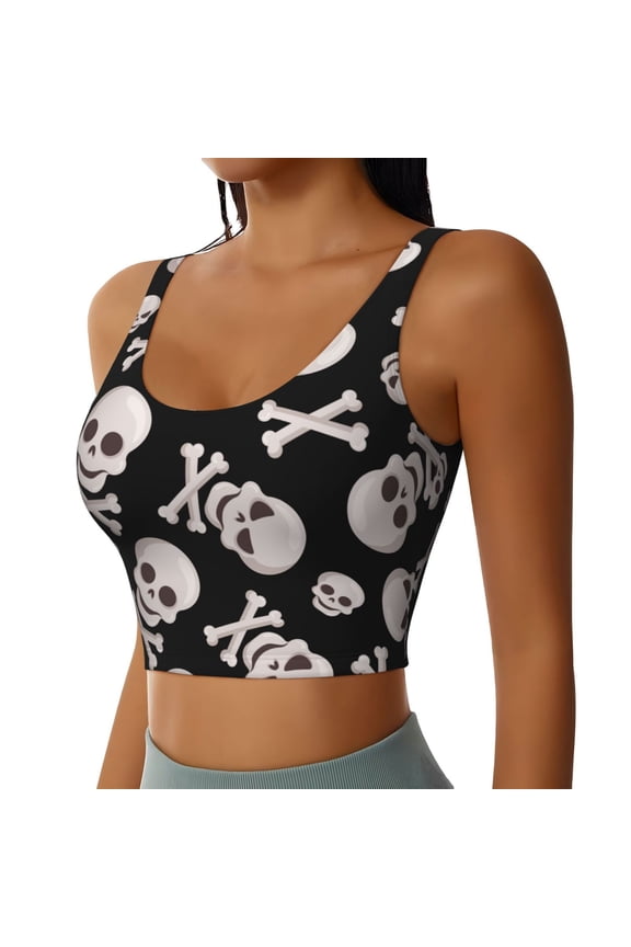 black white Skull bone Sports Bra for Women,Padded Strappy Sports Bras Medium Support Yoga Bra with Removable Cups,Running Yoga Bra-Medium