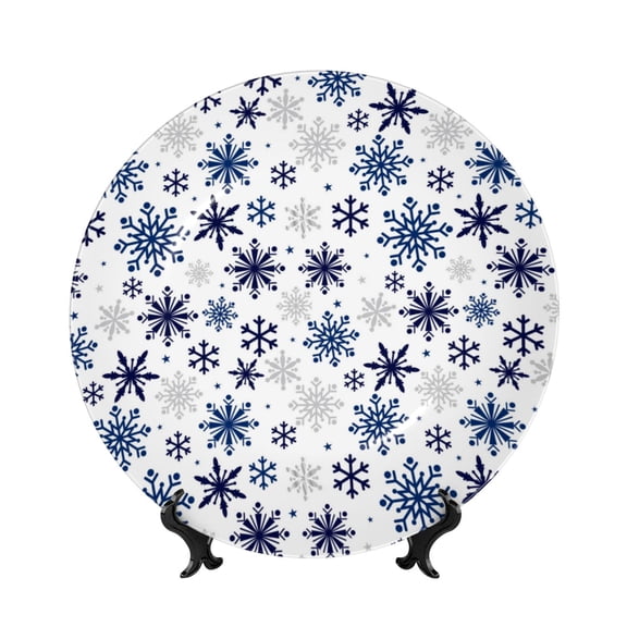 Picia blue Snowflake Prints Pattern Bone China Decorative Plate – Wall Decor with Stand and Adhesive, Elegant Ornament for Living Room, Office, or Entryway-6in