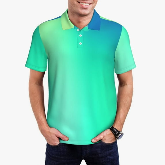 Picia blue green colors Print Men's Polo Shirt, Two-Button Closure Pique Polo Shirt, Summer Fashion Golf Shirt-Small