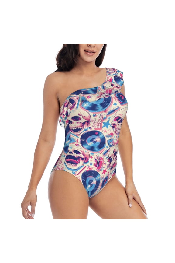 blue record rock Skull Pattern Women's One Piece Swimsuits,One Shoulder Swimwear Asymmetric ,Ruffle Monokinis Bathing Suits,High Waisted Flattering Bathing Suits-Medium