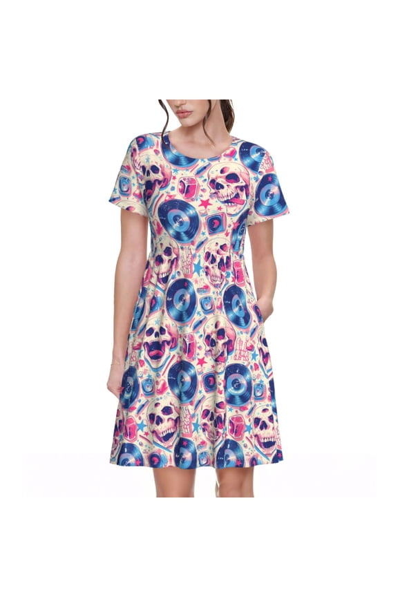 blue record rock Skull Pattern Women's Short Sleeve Summer Dress Pleated Loose Swing Knee Length Short Sleeve Swing Dresses
