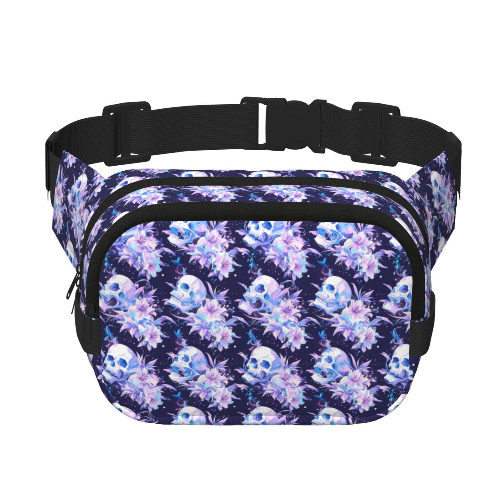 Picia blue starry sky Skull flower Print Square Double-Layer Waist Bag Mini Adjustable Waist Belt Bag Exercise Running Travel Hiking