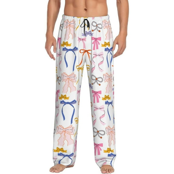 Picia bow ribbons Pattern Mens Soft Woven Cotton Elastic Waistband Sleep Pajama Pant Lounge Sleep Pant With Pockets And Drawstring-Small