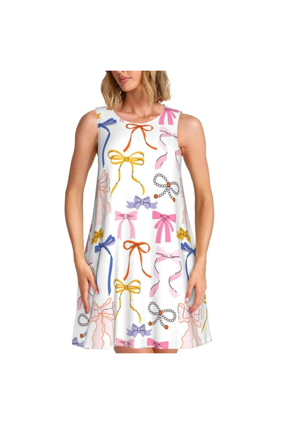 bow ribbons Print Women’s Sleeveless Midi Swing Dress – A-Line Pleated Tank Sundress, Comfortable and Flowy T-Shirt Dress