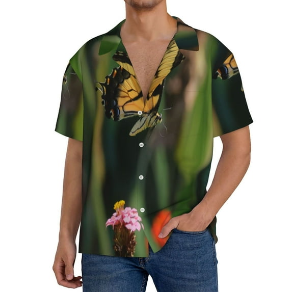 Picia butterflies and floral Pattern Men's Linen Shirts Short Sleeve Cuban Beach Shirts Casual Shirts Button Down Shirt for Men Beach Summer Wedding Shirt-Medium