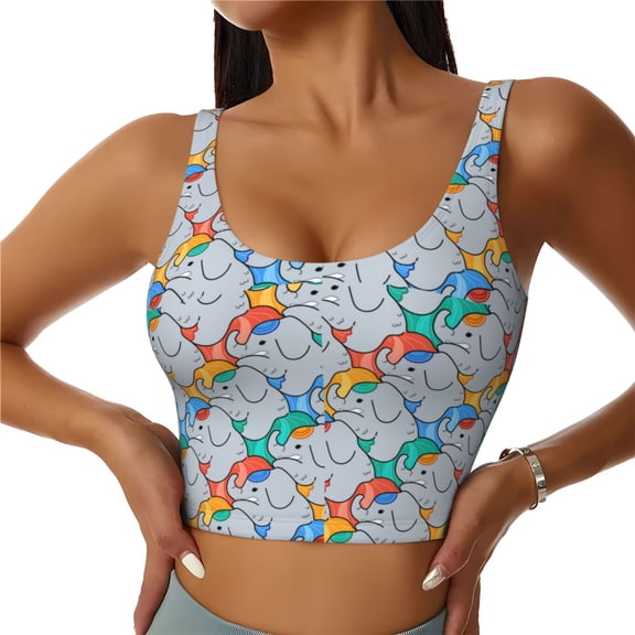 Picia cartoon Elephant Pattern Sports Bra for Women,Padded Strappy Sports Bras Medium Support Yoga Bra with Removable Cups,Running Yoga Bra-X-Large