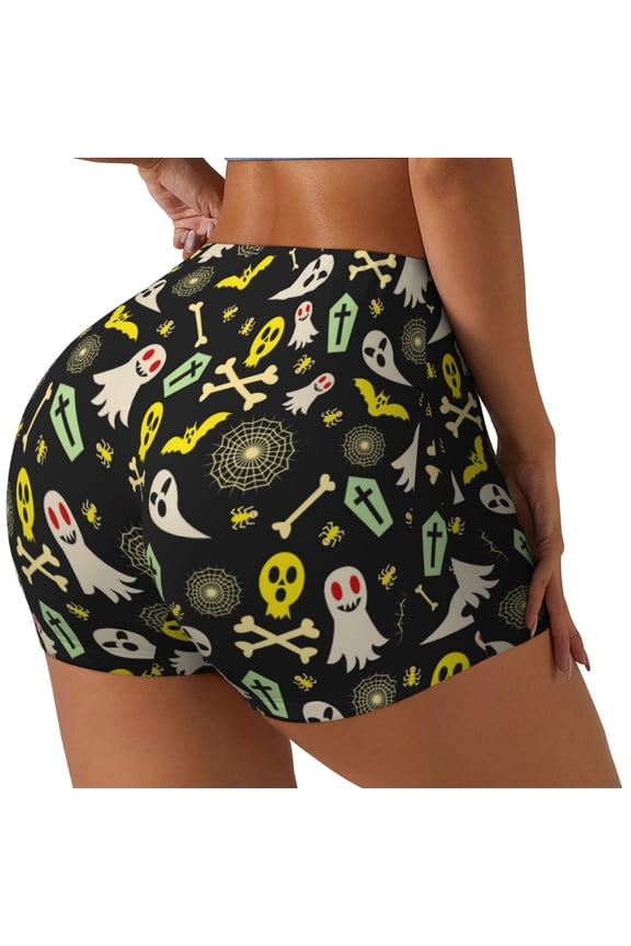 cartoon Skull spider web Printed Workout Shorts for Women Seamless Scrunch Butt Lifting High Waisted Yoga Gym Booty Running Moisture-wicking Short Pants-XX-Large