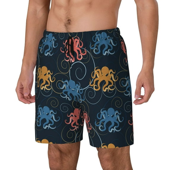 Picia cartoon doodle octopus Pattern Mens Swim Trunks with Compression Liner Stretch Beach Shorts Quick Dry with Zipper Pockets No-Chafing Board Shorts-Medium