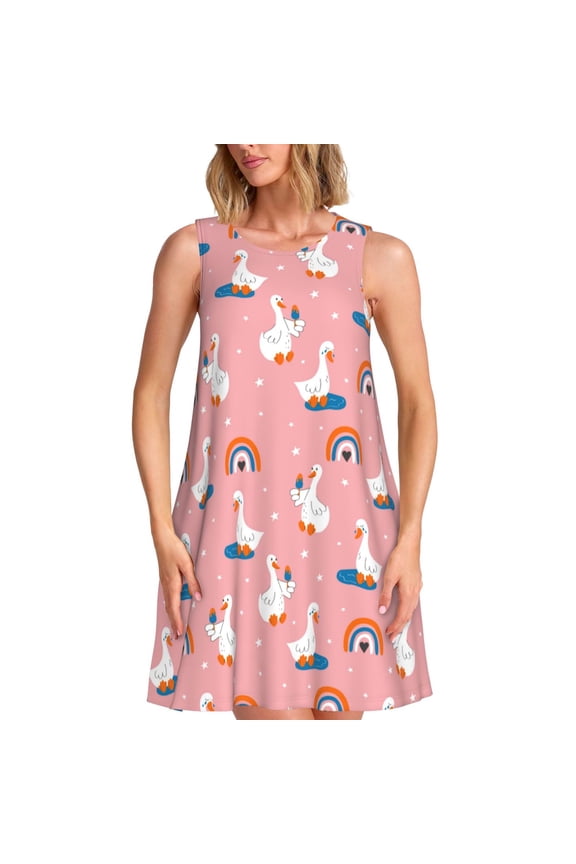 cartoon goose rainbow Print Women’s Sleeveless Midi Swing Dress – A-Line Pleated Tank Sundress, Comfortable and Flowy T-Shirt Dress
