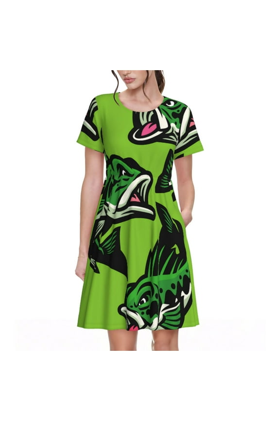 cartoon largemouth bass fish Pattern Women's Short Sleeve Summer Dress Pleated Loose Swing Knee Length Short Sleeve Swing Dresses