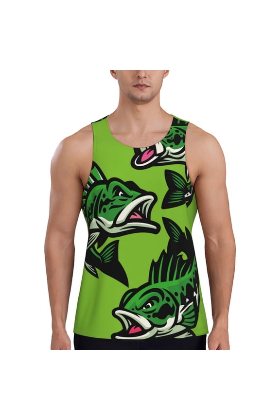 cartoon largemouth bass fish Printed Men’s Performance Tank, Men's Workout Tank Top Moisture-Wicking Tank Top Muscle tee, Breathable Workout Shirt-Small
