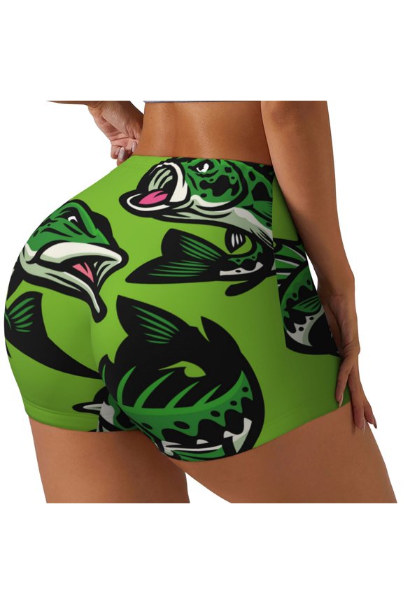 cartoon largemouth bass fish Printed Workout Shorts for Women Seamless Scrunch Butt Lifting High Waisted Yoga Gym Booty Running Moisture-wicking Short Pants-X-Large