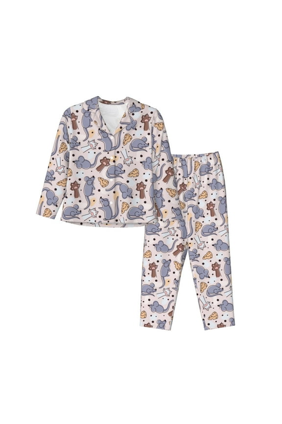 cartoon mouse Pattern Women’s Long-Sleeve Sleepwear Set - Soft 2-Piece Loungewear with Pockets, Comfy PJs for Relaxing Nights-XX-Large