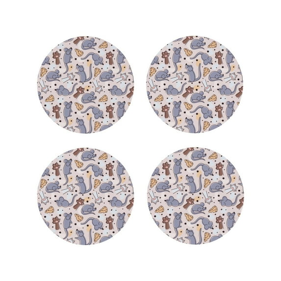 Picia cartoon mouse Printed Leather Coasters for Drinks, 4" Drink Coasters Set of 4 for Tabletop Protection, Handmade Luxurious Home Décor and Housewarming Gift-Round Shape