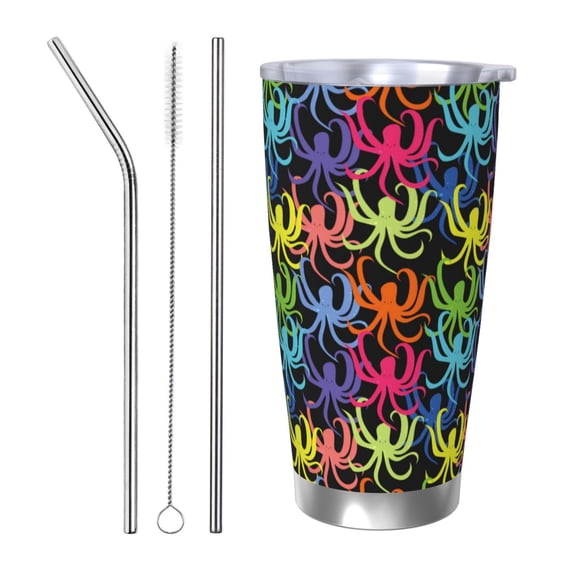 Picia cartoon octopus Pattern 20 oz Tumbler Stainless Steel Vacuum Insulated Coffee Ice Cup Double Wall Travel Flask Dual Lid Water Bottle, Eco-friendly Car Cup-Straw Three-piece Set