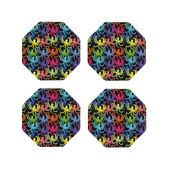 Picia cartoon octopus Printed Leather Coasters for Drinks, 4" Drink Coasters Set of 4 for Tabletop Protection, Handmade Luxurious Home Décor and Housewarming Gift-Octagon