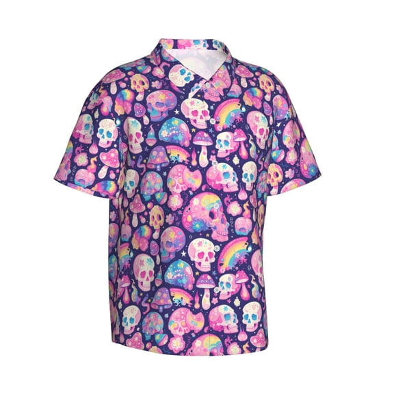 Picia cartoon rainbow Skull Gentle Cotton Regular Fit Short Sleeve Casual Hawaiian Shirt for Men-Large