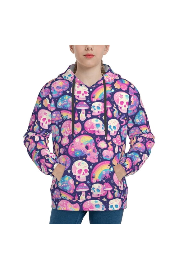 cartoon rainbow Skull Pattern Youth Hoodie - Warm Pullover Sweatshirt with Kangaroo Pocket, Ideal for Boys and Girls-Large