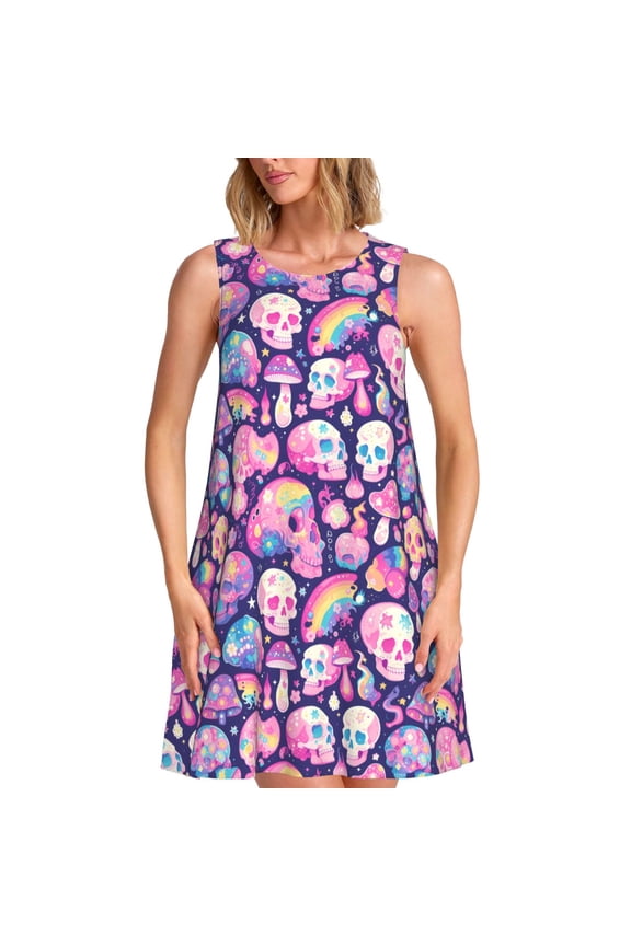 cartoon rainbow Skull Print Women’s Sleeveless Midi Swing Dress – A-Line Pleated Tank Sundress, Comfortable and Flowy T-Shirt Dress